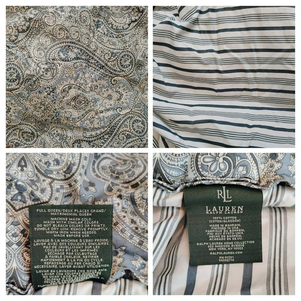 Ralph Lauren Queen / Full Reversible Comforter Blue Paisley Stripes 100% Cotton
